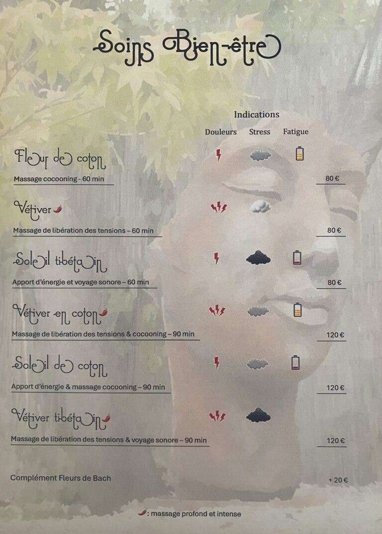 Carte de soins douleurs stress fatigue massages reiki deep Tissue sonothérapie bols tibétains voyage sonore Chrystel BRAULT thérapeute Fleurs du Népal Grasse
